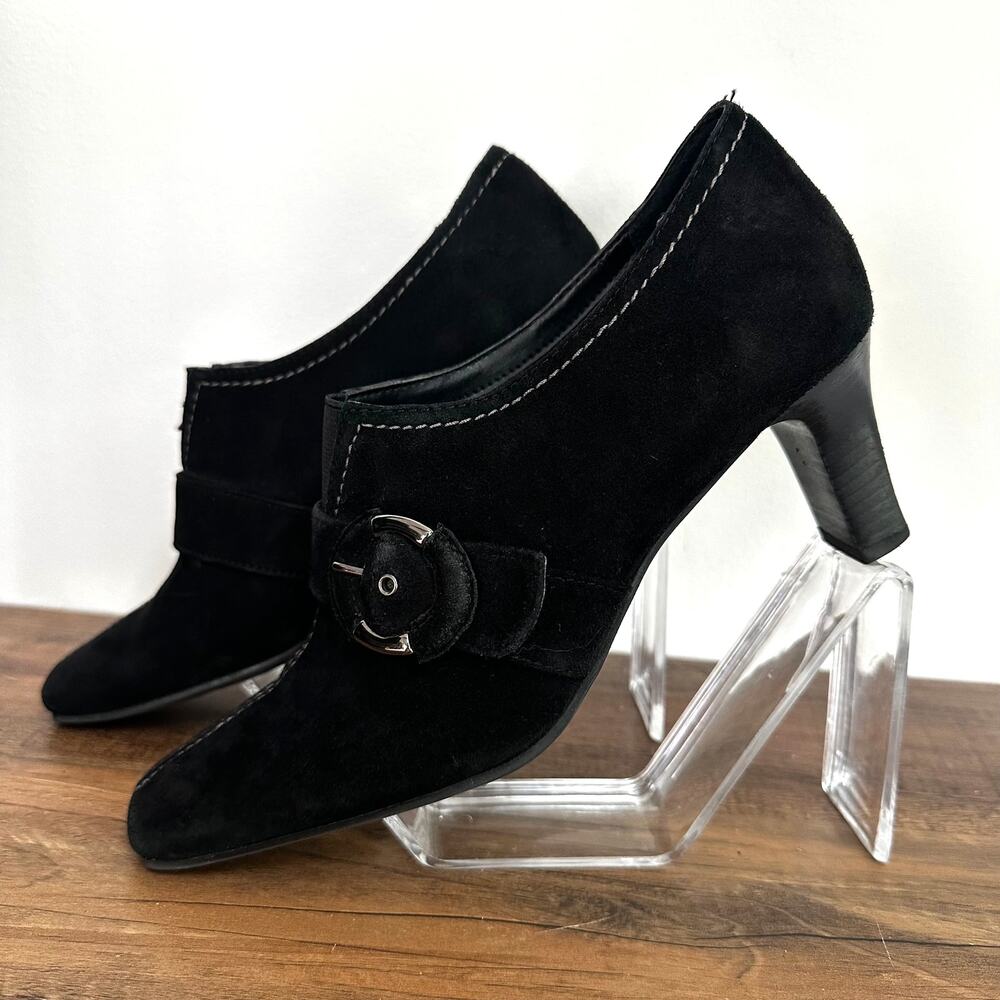 Whimsygoth Suede Heels Sz 7‎ Witchy Buckle Black Shoes Gothic Cottage Vibes